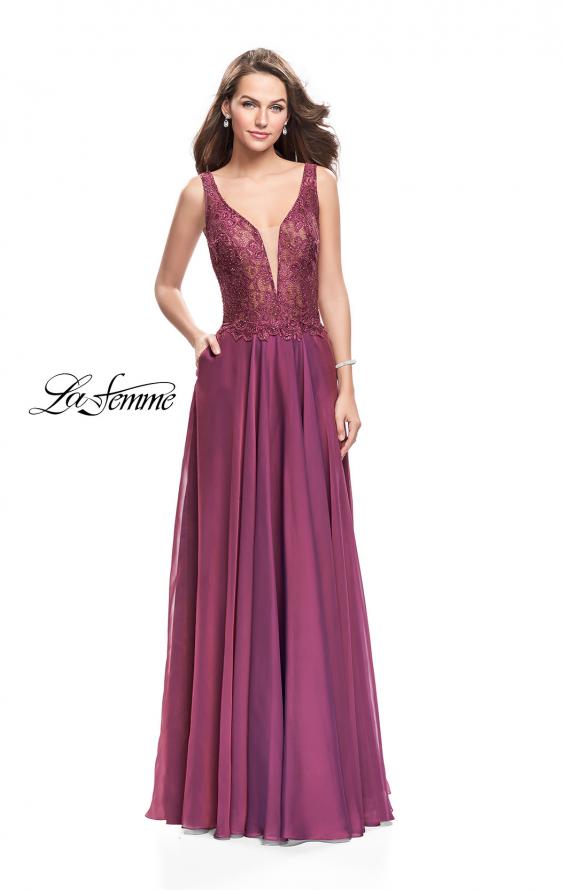 Picture of: Long Evening Gown with Chiffon Skirt and Scoop Open Back in Boysenberry, Style: 25513, Detail Picture 3