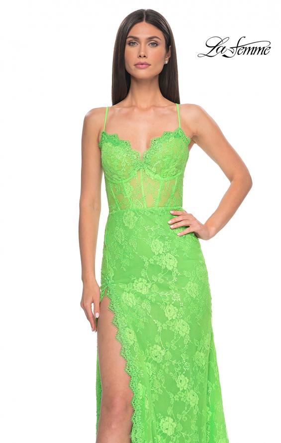 Picture of: Scallop Detail Lace Fitted Prom Dress with Illusion Bodice in Bright Green, Style: 32441, Detail Picture 8