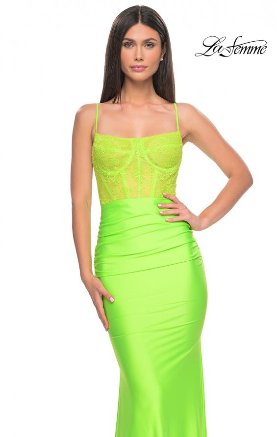 Picture of: Neon Ruched Jersey Dress with Illusion Corset Lace Top in Bright Green, Style: 32322, Detail Picture 9