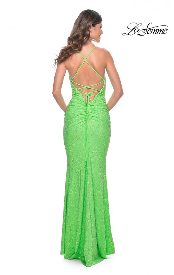 Picture of: Neon Rhinestone Embellished Ruched Prom Dress with Draped Neckline in Bright Green, Style: 31968, Detail Picture 10