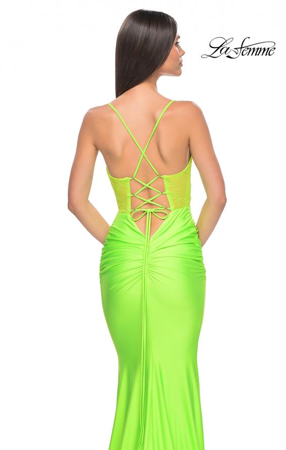 Picture of: Neon Ruched Jersey Dress with Illusion Corset Lace Top in Bright Green, Style: 32322, Detail Picture 10