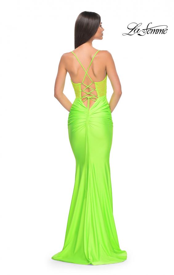 Picture of: Neon Ruched Jersey Dress with Illusion Corset Lace Top in Bright Green, Style: 32322, Detail Picture 11