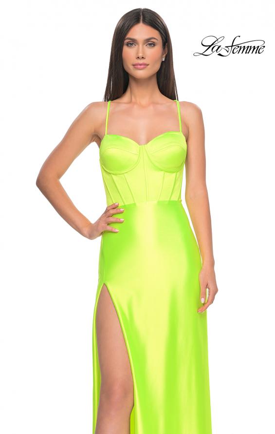 Picture of: Neon Stretch Satin Gown with Bustier Top and Lace Up Back in Bright Green, Style: 32262, Detail Picture 1