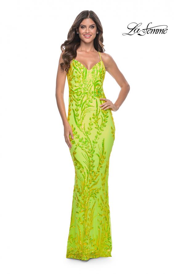Picture of: Neon Fitted Print Sequin Pastel Prom Dress in Bright Green, Style: 32343, Detail Picture 1