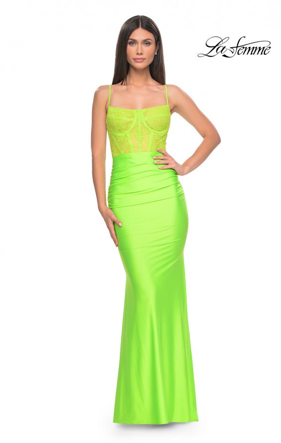 Picture of: Neon Ruched Jersey Dress with Illusion Corset Lace Top in Bright Green, Style: 32322, Detail Picture 2