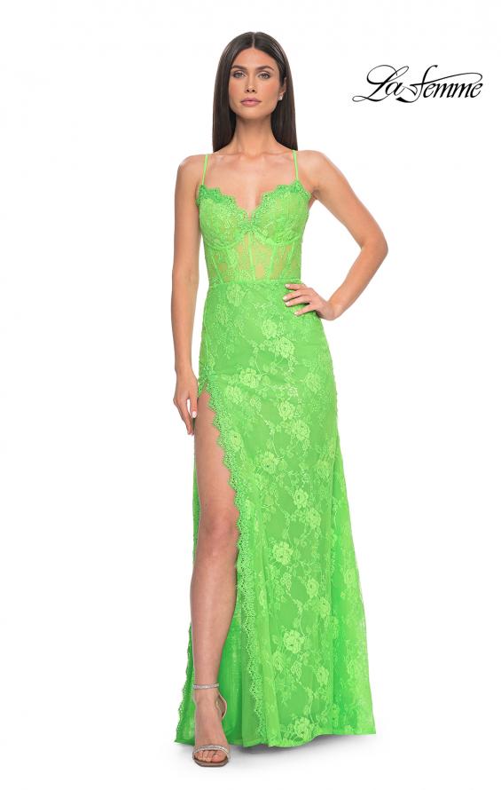Picture of: Scallop Detail Lace Fitted Prom Dress with Illusion Bodice in Bright Green, Style: 32441, Detail Picture 2