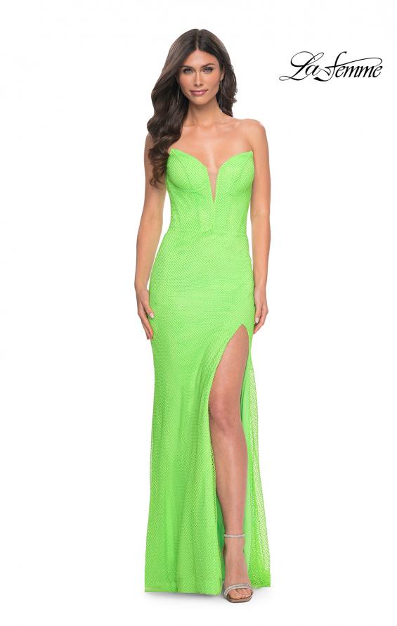 Picture of: Strapless Rhinestone Fishnet Dress with Illusion Back in Green, Style: 32417, Detail Picture 3