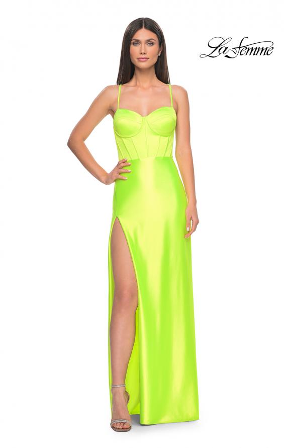 Picture of: Neon Stretch Satin Gown with Bustier Top and Lace Up Back in Bright Green, Style: 32262, Detail Picture 5