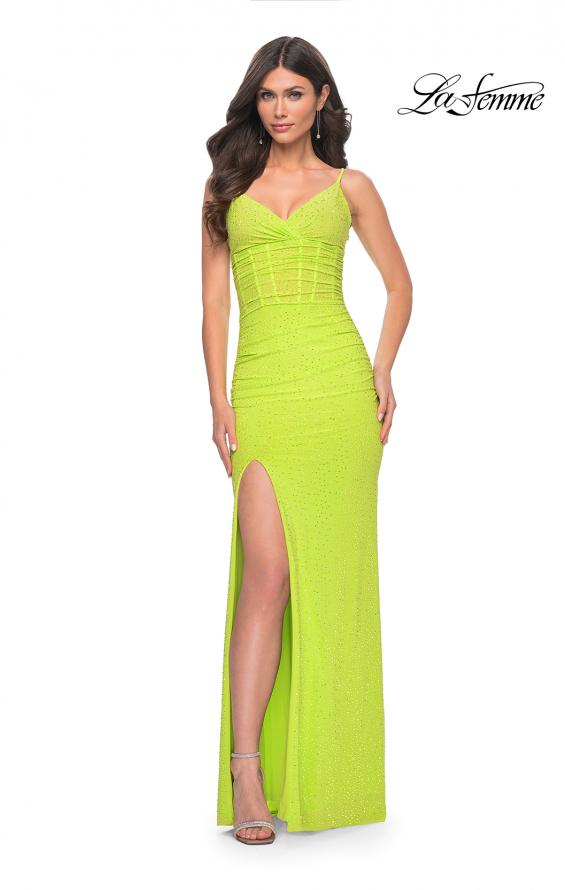 Picture of: Neon Net Jersey Rhinestone Prom Dress with Corset Waist in Green, Style: 32338, Detail Picture 5