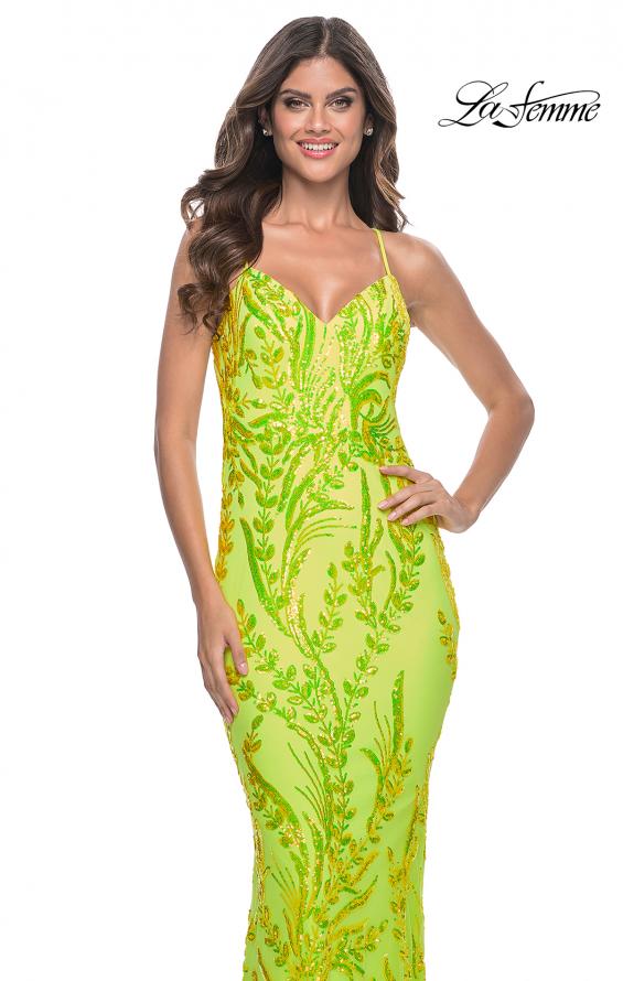 Picture of: Neon Fitted Print Sequin Pastel Prom Dress in Bright Green, Style: 32343, Detail Picture 5