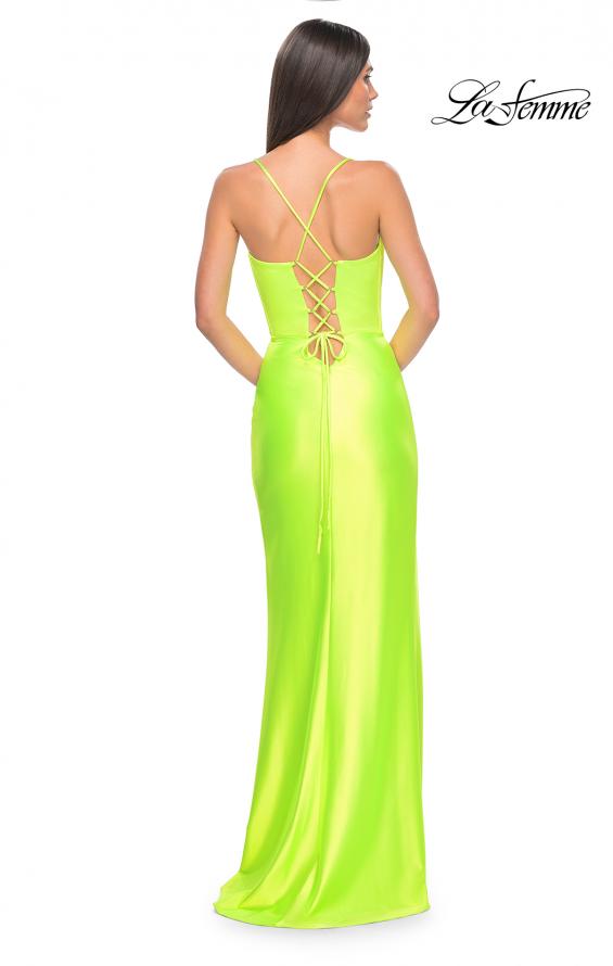 Picture of: Neon Stretch Satin Gown with Bustier Top and Lace Up Back in Bright Green, Style: 32262, Detail Picture 6