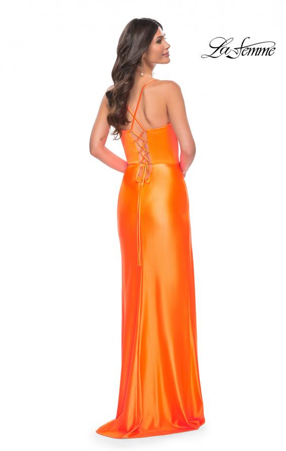 Picture of: Neon Stretch Satin Gown with Bustier Top and Lace Up Back in Bright Orange, Style: 32262, Detail Picture 8