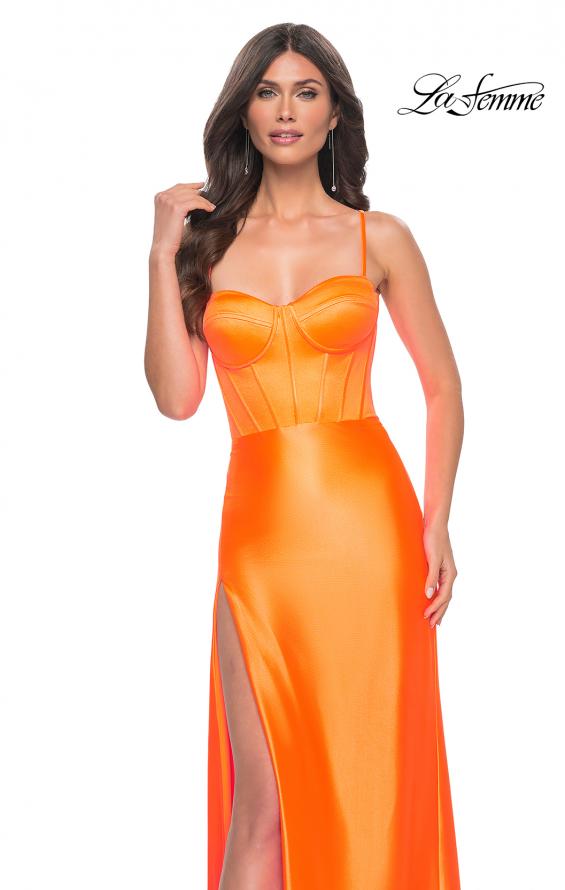 Picture of: Neon Stretch Satin Gown with Bustier Top and Lace Up Back in Bright Orange, Style: 32262, Detail Picture 9