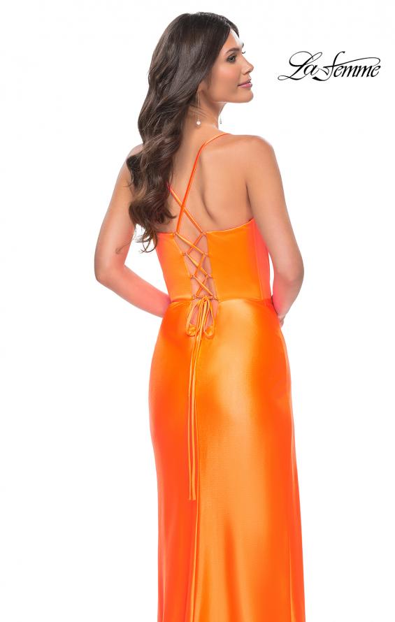 Picture of: Neon Stretch Satin Gown with Bustier Top and Lace Up Back in Bright Orange, Style: 32262, Detail Picture 10