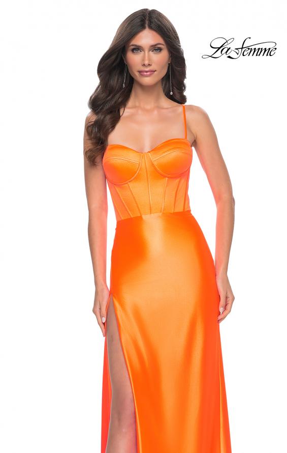 Picture of: Neon Stretch Satin Gown with Bustier Top and Lace Up Back in Bright Orange, Style: 32262, Detail Picture 11