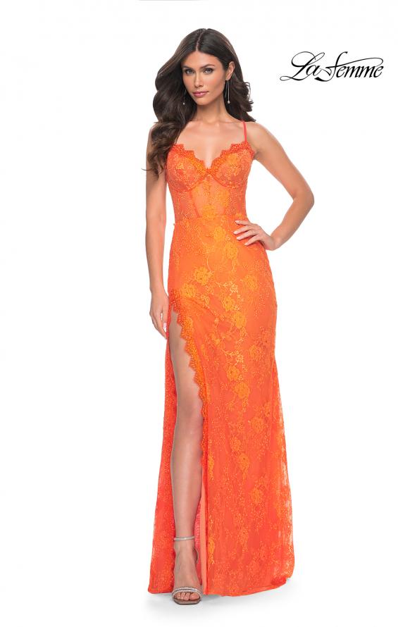 Picture of: Scallop Detail Lace Fitted Prom Dress with Illusion Bodice in Orange, Style: 32441, Detail Picture 1