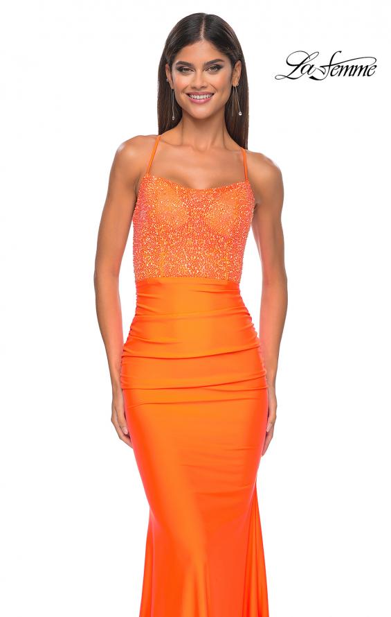 Picture of: Neon Gorgeous Rhinestone Bodice with Ruched Jersey Skirt Prom Dress in Bright Orange, Style: 32325, Detail Picture 2