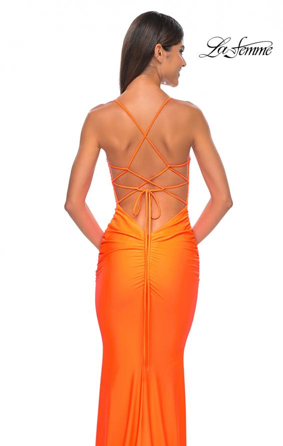 Picture of: Neon Gorgeous Rhinestone Bodice with Ruched Jersey Skirt Prom Dress in Bright Orange, Style: 32325, Detail Picture 3
