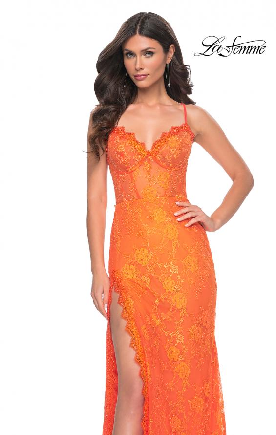 Picture of: Scallop Detail Lace Fitted Prom Dress with Illusion Bodice in Orange, Style: 32441, Detail Picture 5