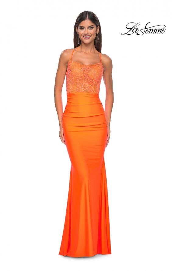 Picture of: Neon Gorgeous Rhinestone Bodice with Ruched Jersey Skirt Prom Dress in Bright Orange, Style: 32325, Detail Picture 6