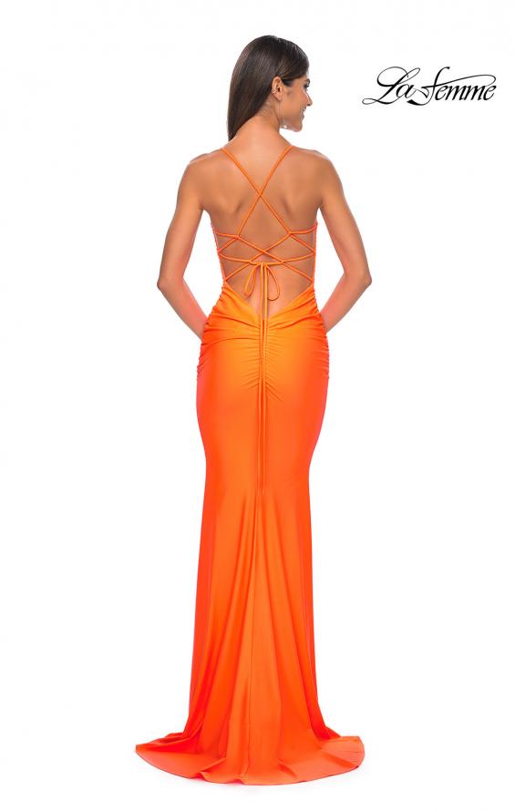 Picture of: Neon Gorgeous Rhinestone Bodice with Ruched Jersey Skirt Prom Dress in Bright Orange, Style: 32325, Detail Picture 7