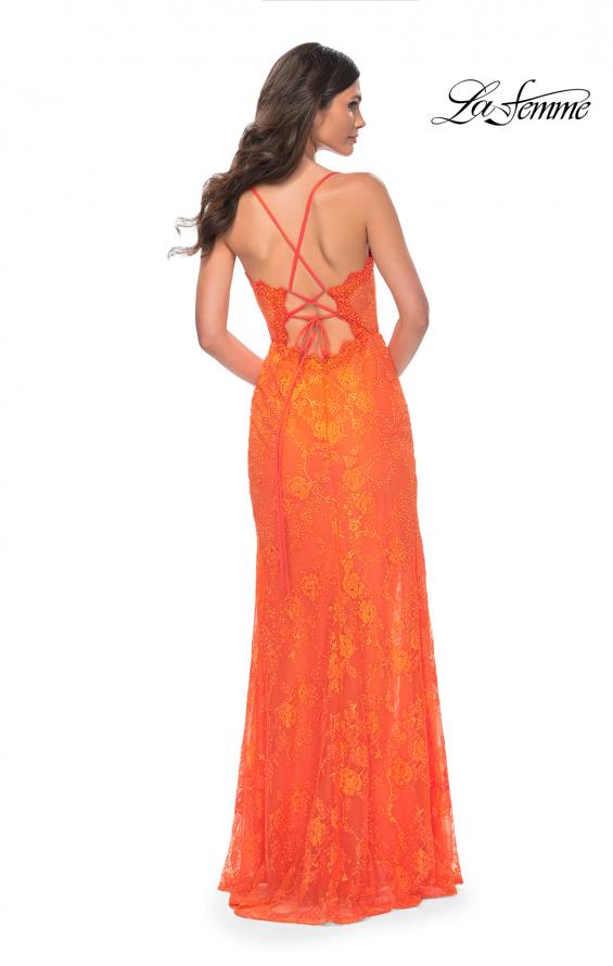 Picture of: Scallop Detail Lace Fitted Prom Dress with Illusion Bodice in Orange, Style: 32441, Detail Picture 7