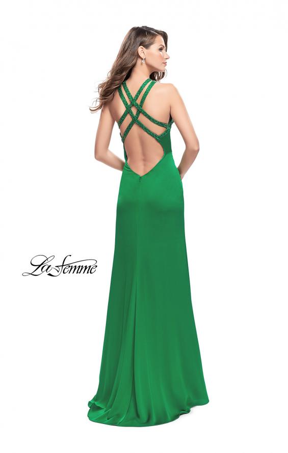 Picture of: Satin Prom Gown with Beaded Straps and Open Back in Bright Emerald, Style: 25906, Back Picture