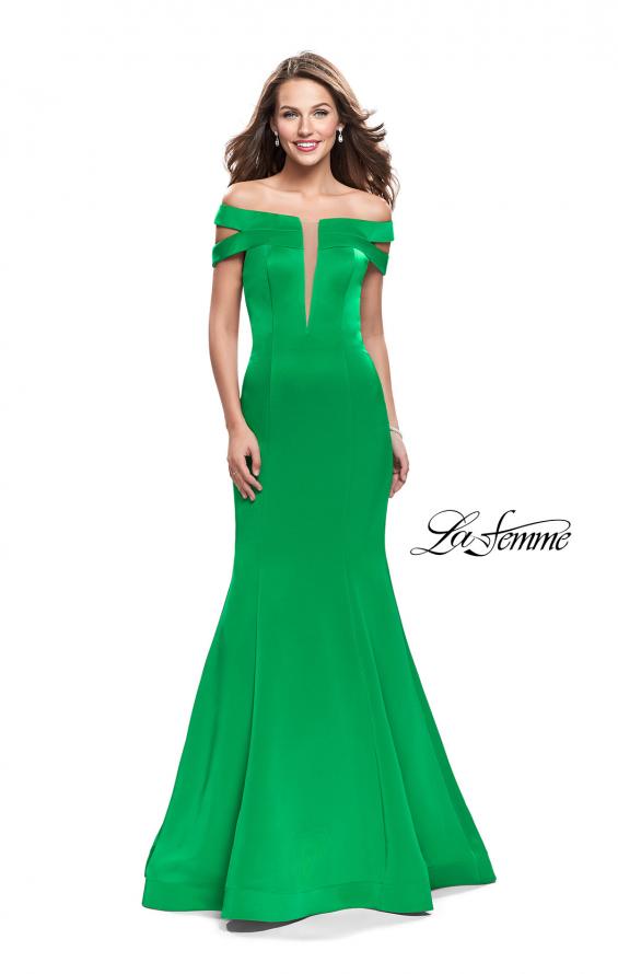 Picture of: Satin Off the Shoulder Mermaid Prom Dress with V Neck in Bright Emerald, Style: 25903, Detail Picture 2