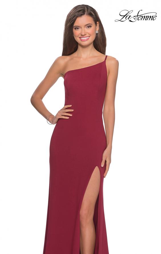 Picture of: One Shoulder Long Jersey Homecoming Dress in Burgundy, Style: 28176, Detail Picture 1