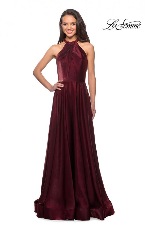 Picture of: Long Satin Gown with Embellished High Neckline in Burgundy, Style: 25576, Main Picture