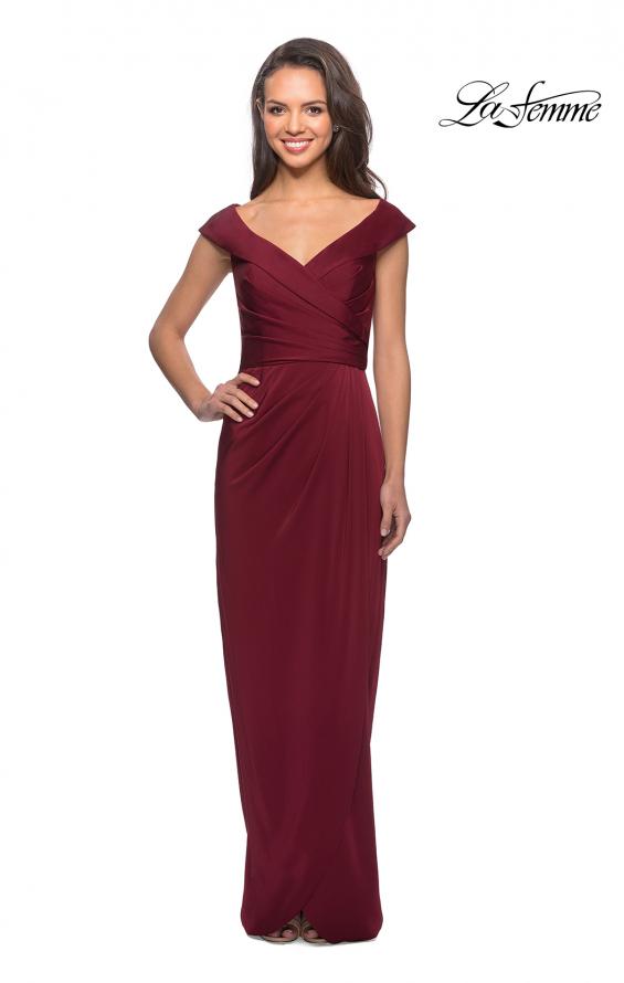 Picture of: Long Jersey Dress with Ruching and Cap Sleeves in Burgundy, Style: 25206, Detail Picture 1