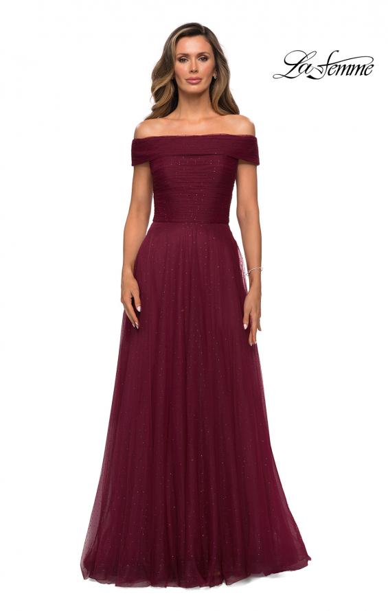 Picture of: Tulle Off the Shoudler A-line Dress with Rhinestones in Burgundy, Style: 28051, Detail Picture 1