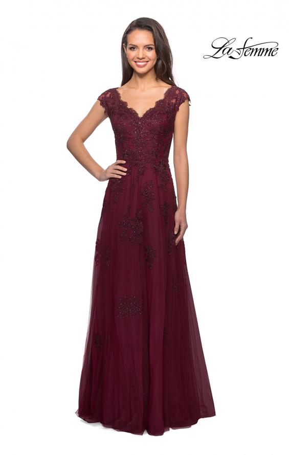 Picture of: Short Sleeve Lace Gown with Cascading Embellishments in Burgundy, Style: 26942, Detail Picture 3
