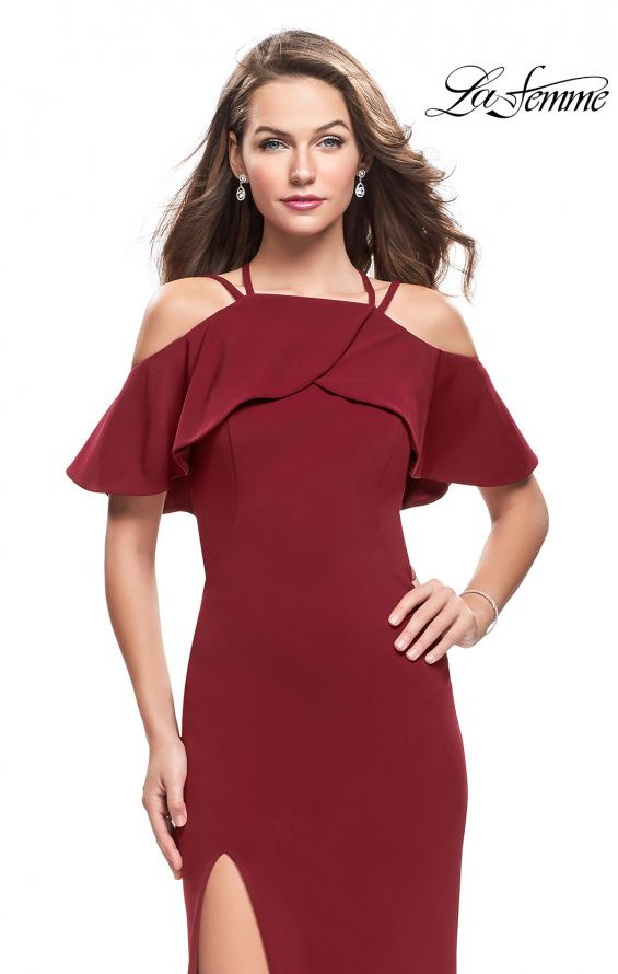 Picture of: Long Jersey Prom Dress with Off the Shoulder Ruffle Detail in Burgundy, Style: 25556, Main Picture