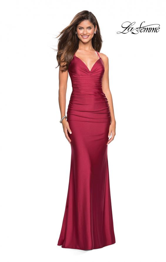 Picture of: Form Fitting Jersey Dress with Ruching and Strappy Back in Burgundy, Style: 27501, Detail Picture 9
