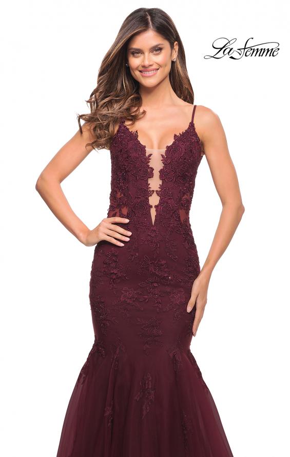 Picture of: Tulle and Lace Mermaid Gown in Jewel Tones in Burgundy, Style: 29680, Detail Picture 10