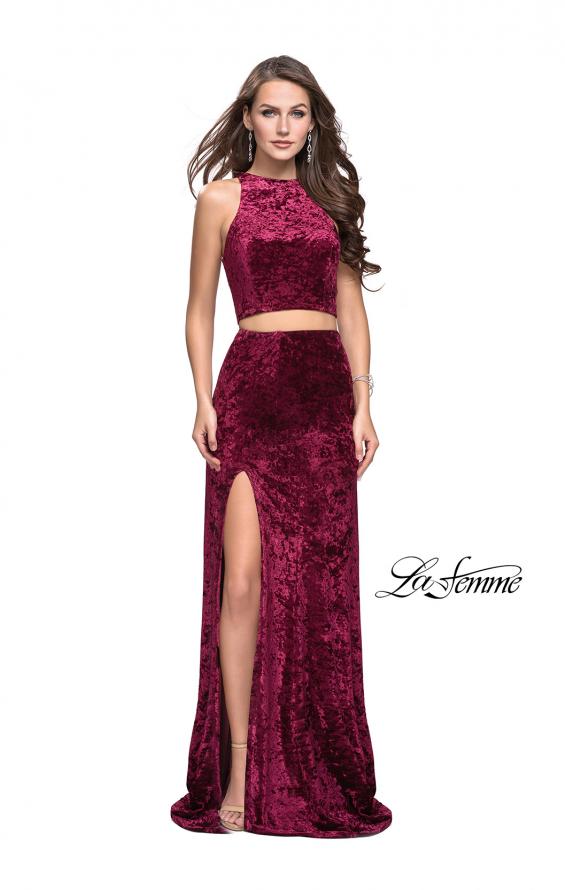 Picture of: Crush Velvet Two Piece Prom Dress with Slit in Burgundy, Style: 25431, Back Picture