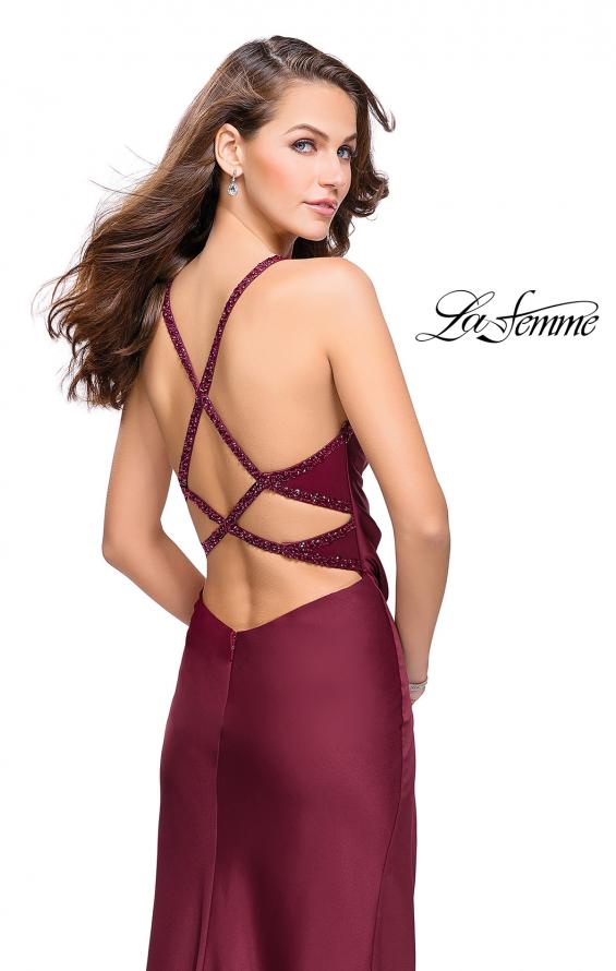 Picture of: Satin Prom Dress with Ruching and Open Strappy Back in Burgundy, Style: 26036, Back Picture