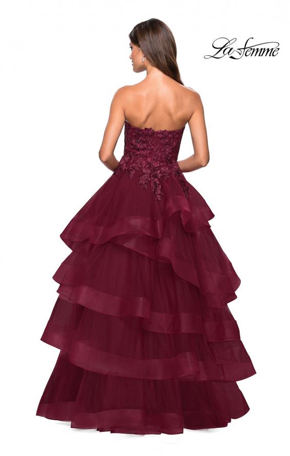 Picture of: Strapless Floor Length Layered Tulle Prom Gown in Burgundy, Style: 27291, Back Picture