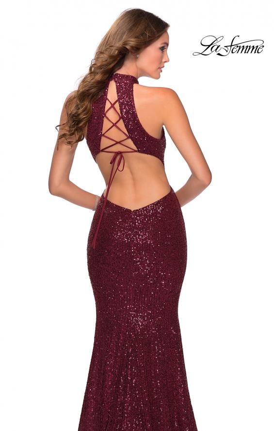 Picture of: Long Sequin Gown with High Neckline and Lace Back in Burgundy, Style: 28612, Back Picture