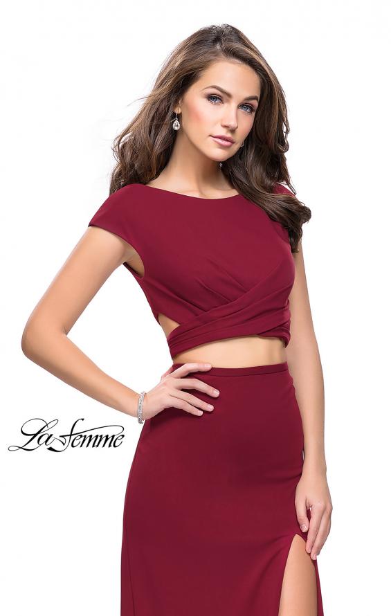 Picture of: Two Piece Wrap Jersey Prom Dress with Short Sleeves in Burgundy, Style: 25815, Detail Picture 1