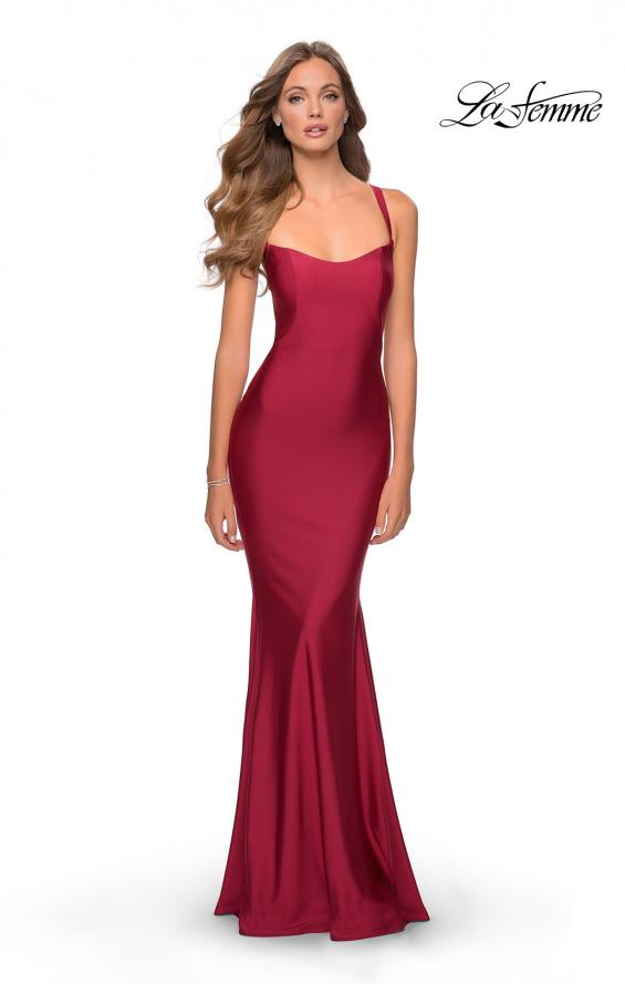 Picture of: Form Fitting Prom Dress with Dramatic Lace Up Back in Burgundy, Style: 28568, Detail Picture 1