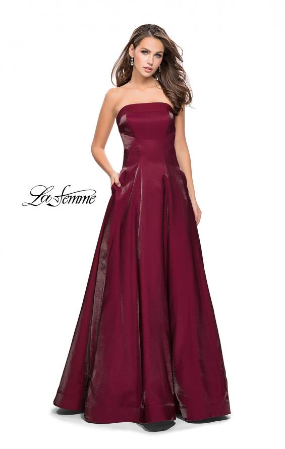 Picture of: Long Strapless Two-Tone Satin Ball Gown with Pockets in Burgundy, Style: 25638, Detail Picture 2