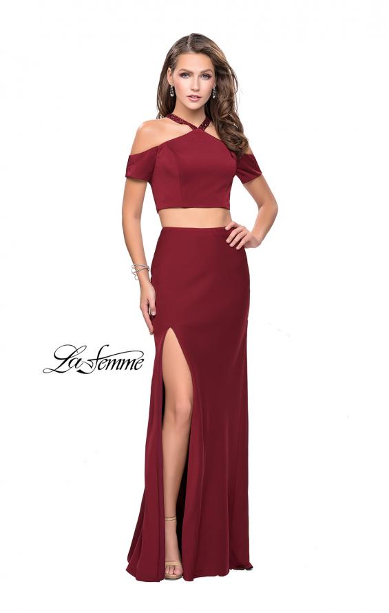 Picture of: Two Piece Long Prom Dress with Beaded Halter Top in Burgundy, Style: 25846, Detail Picture 2