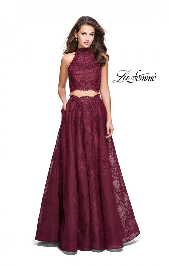 Picture of: Long Lace A-line Two Piece Prom Dress with Cut Outs in Burgundy, Style: 26103, Detail Picture 2