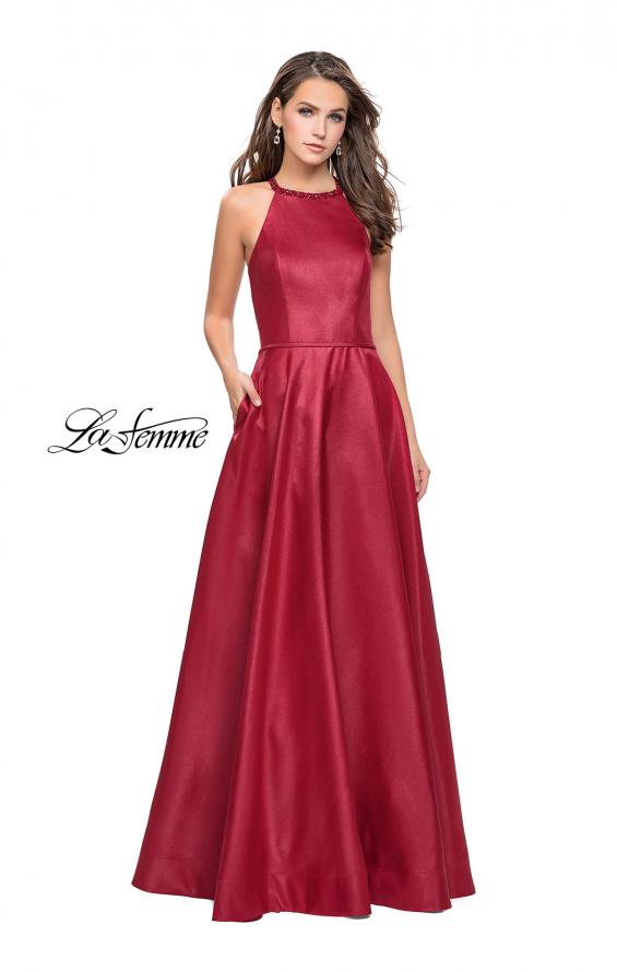 Picture of: Long A-line Beaded Mikado Prom Dress with Pockets in Burgundy, Style: 26162, Detail Picture 2