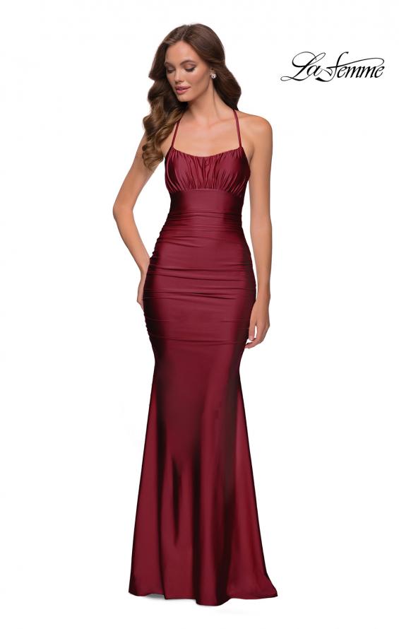 Picture of: On Trend Jersey Long Dress with Ruching on Bodice in Burgundy, Style 29873, Detail Picture 2
