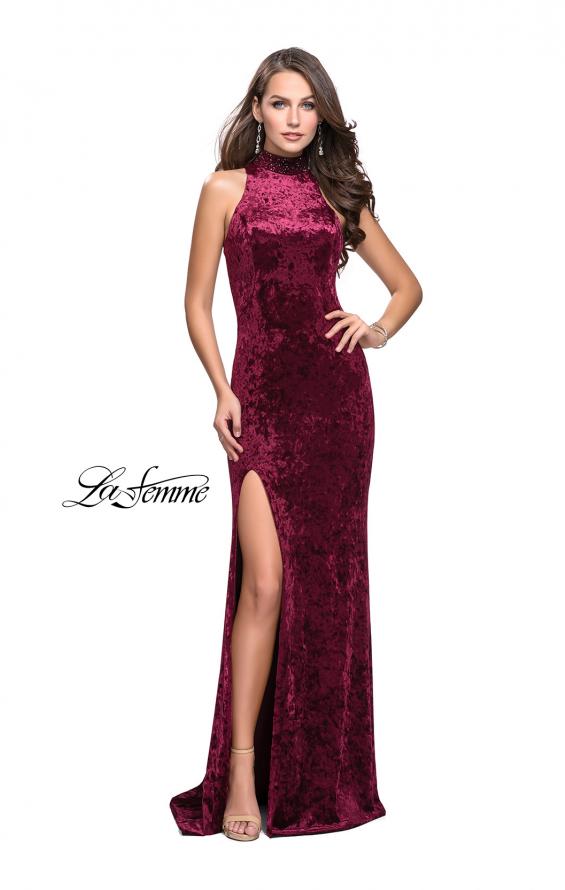 Picture of: Long Crushed Velvet Prom Dress with Beaded Choker in Burgundy, Style: 25783, Detail Picture 3