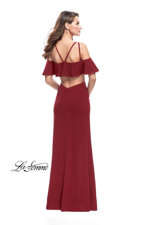Picture of: Long Jersey Prom Dress with Off the Shoulder Ruffle Detail in Burgundy, Style: 25556, Detail Picture 2