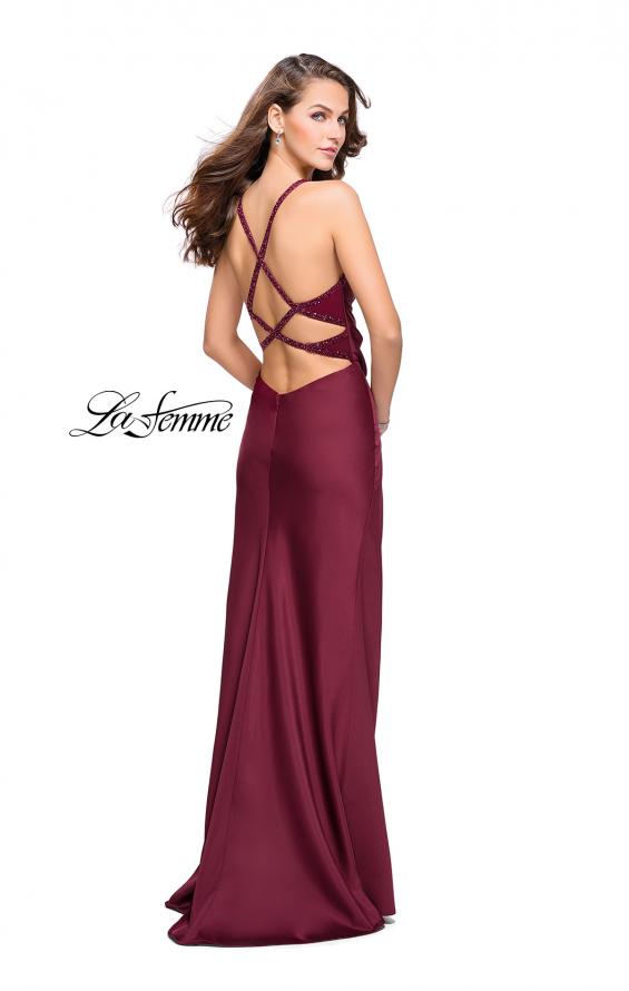 Picture of: Satin Prom Dress with Ruching and Open Strappy Back in Burgundy, Style: 26036, Detail Picture 2